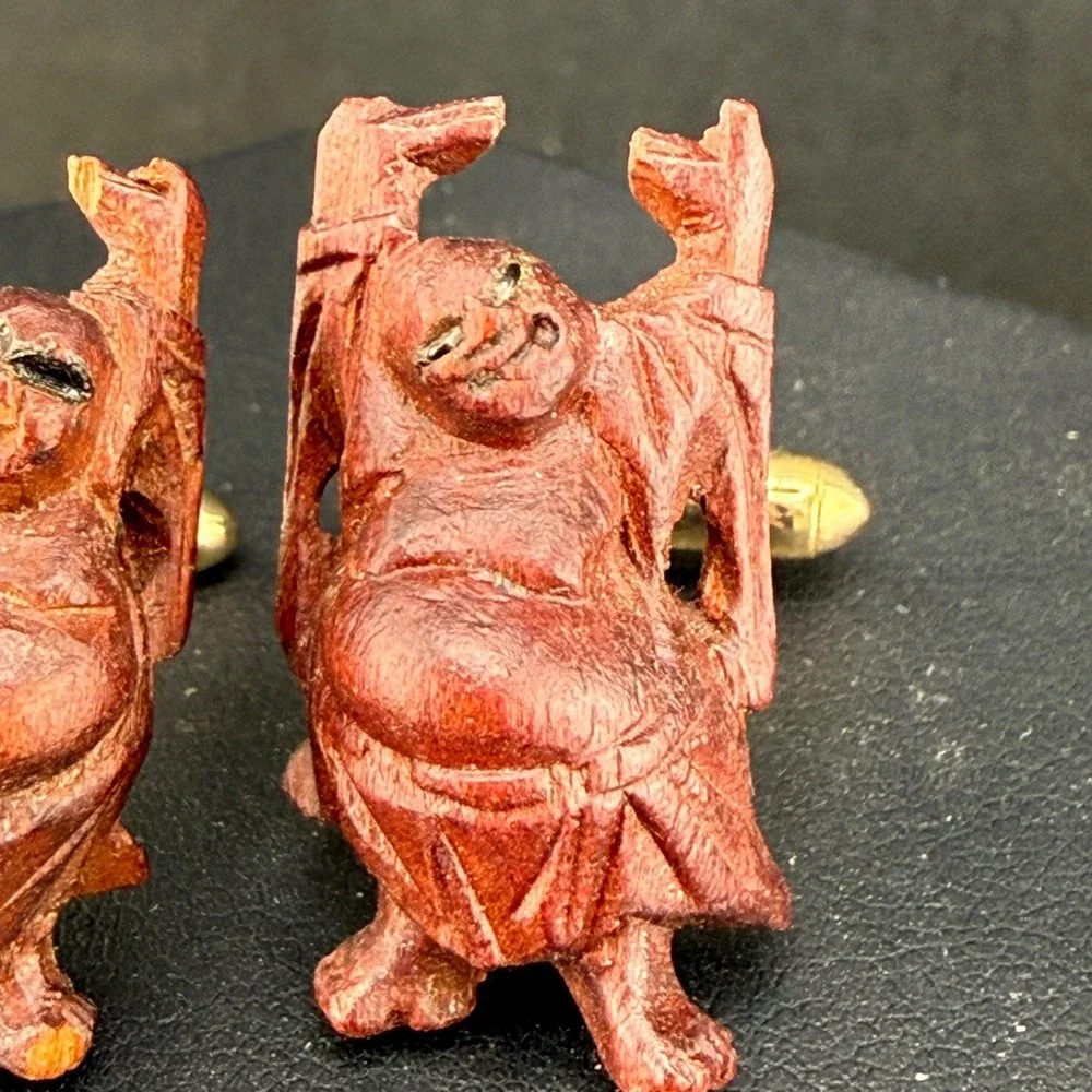 Vintage Carved Buddha Cufflinks‎ Wood